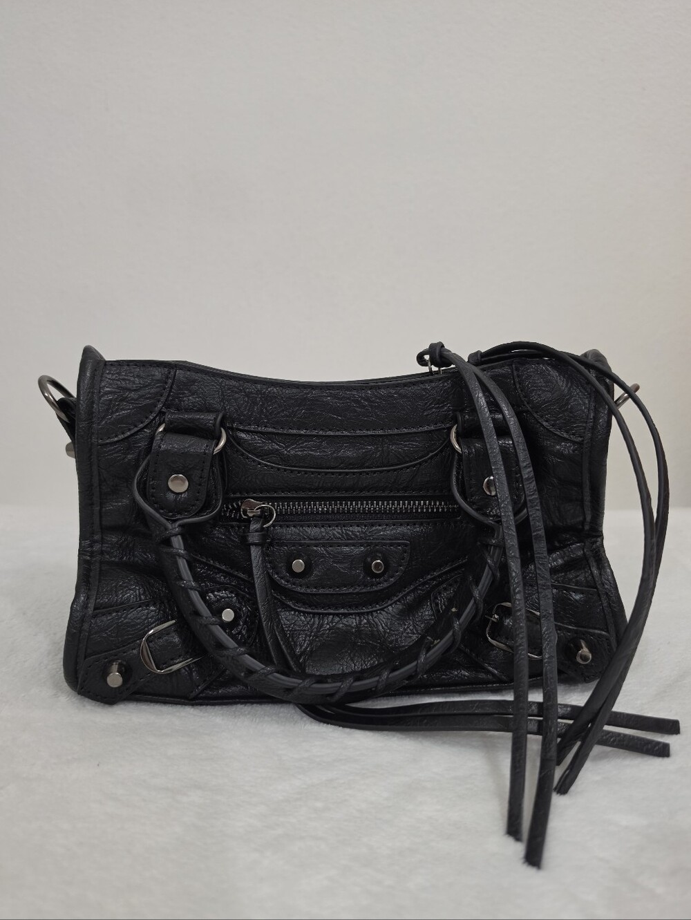 Faux Leather Mini Y2K Silver Studded Crossbody Bag with Long Tassels in Black - Picture 2 of 13